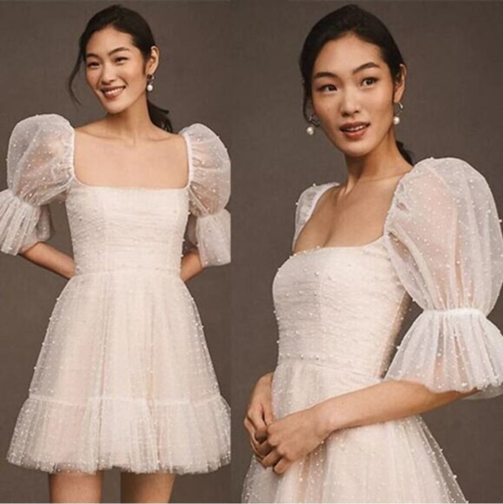 By Watters Macaron White Square Neck Embellished Mini Bridal Wedding Dress 20W